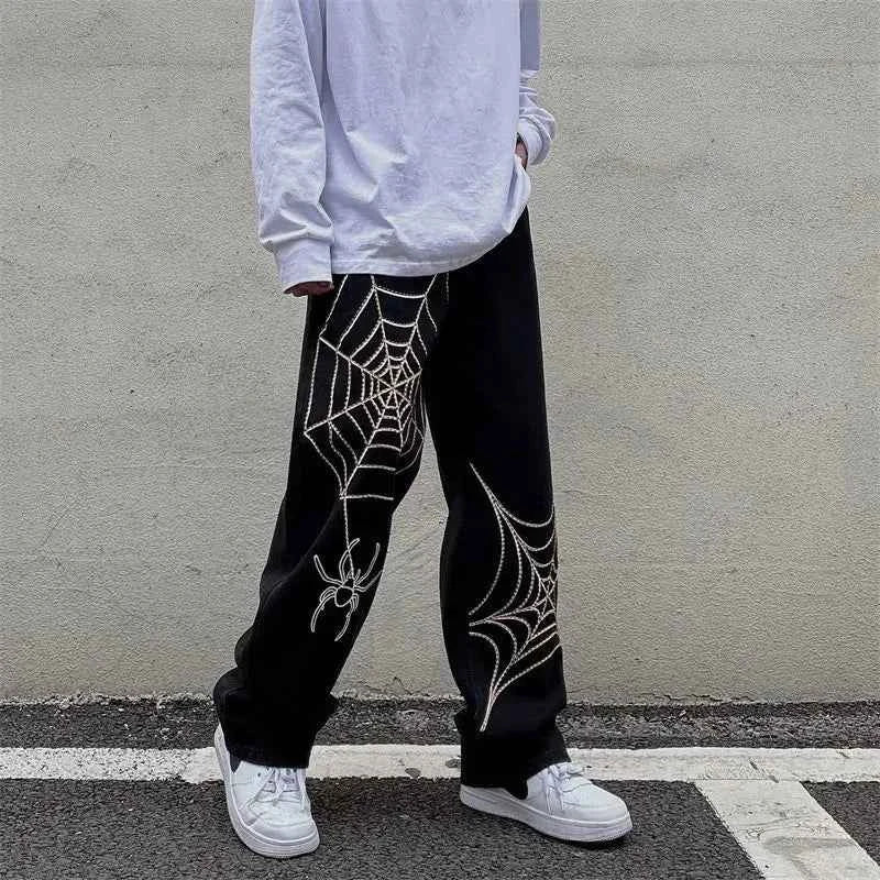 Vintage Spider Streetwear Black Wide Leg Pants