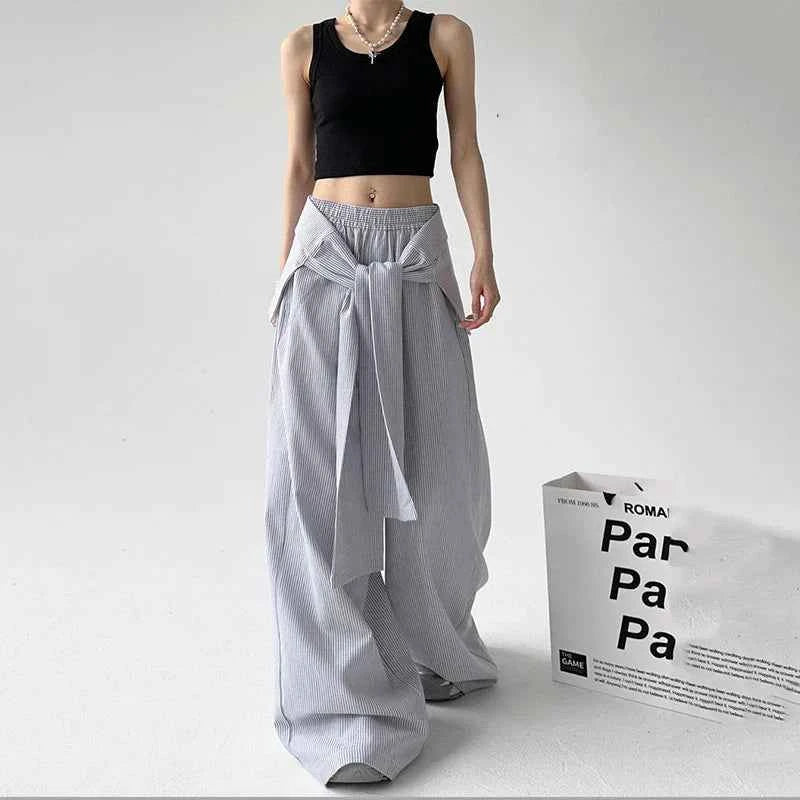 Women Vintage Korean Striped Lace-Up Pants