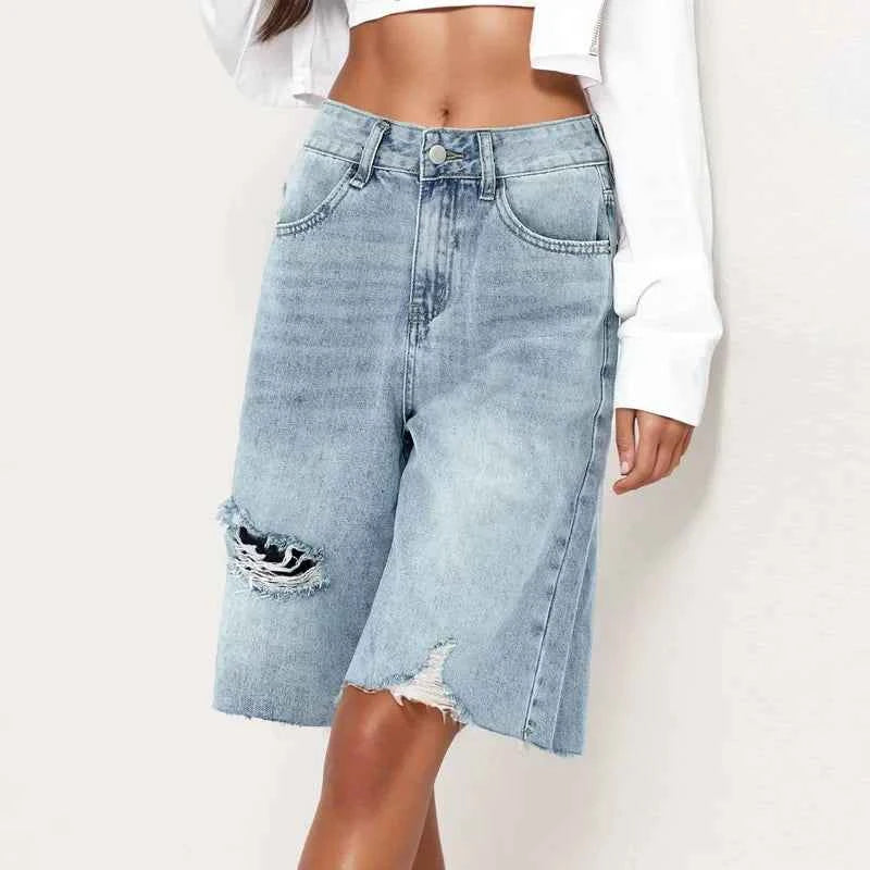 Women High Waist Raw Hem Denim Short