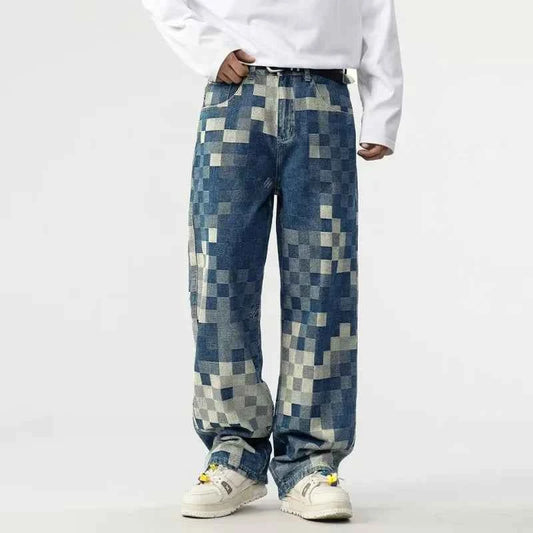 Vibrant Mosaic Checkerboard Printed Jeans