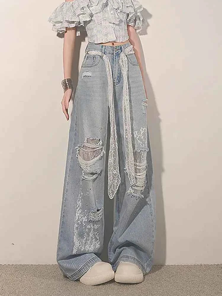 Women High Waist Ripped Lace Patchwork Jeans