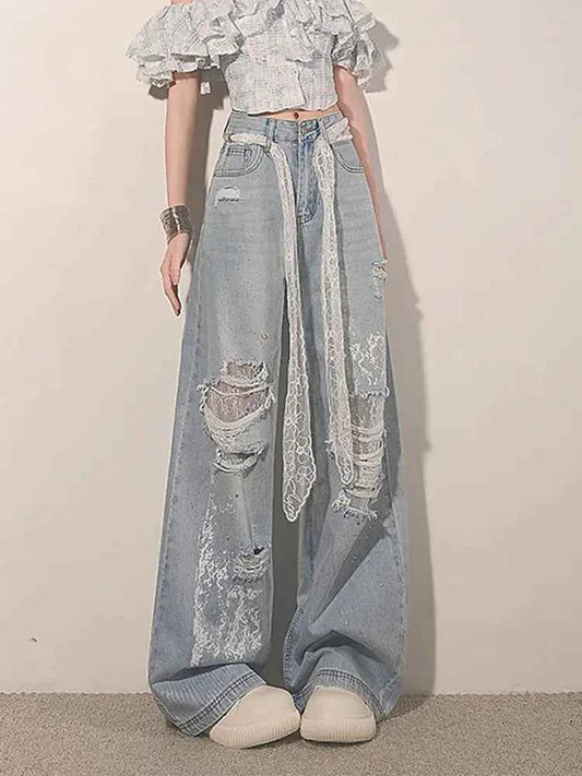 Women High Waist Ripped Lace Patchwork Jeans