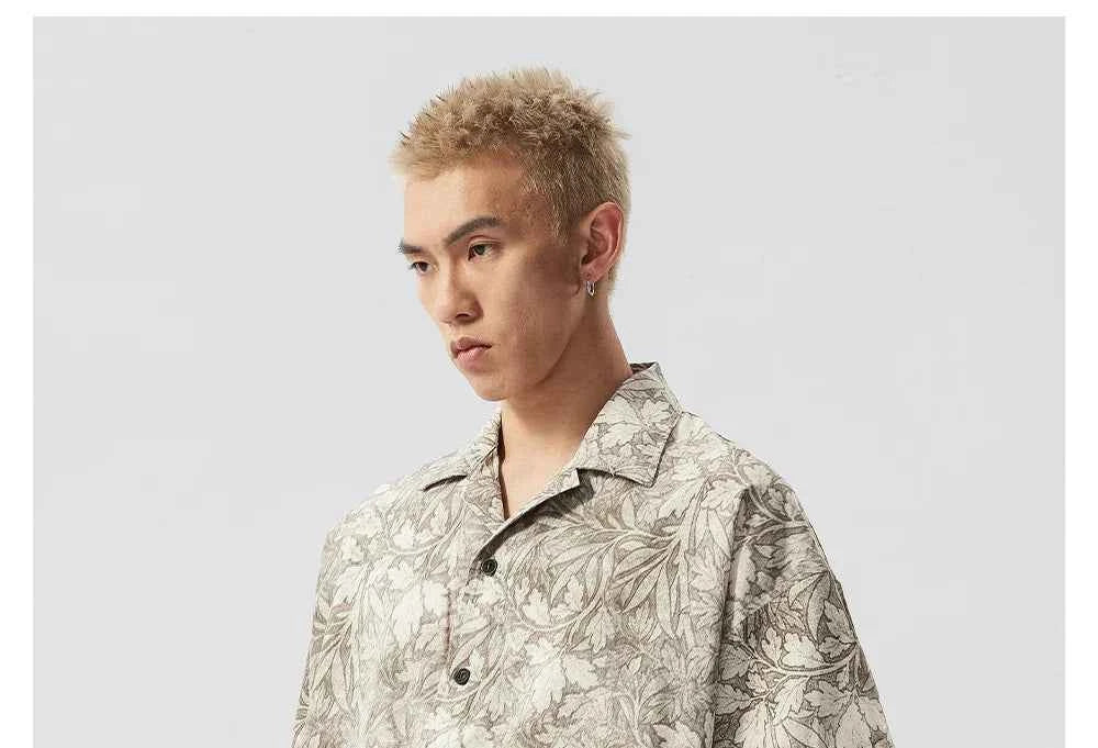Men Korean Style Floral Printed Loose Lapel Shirt