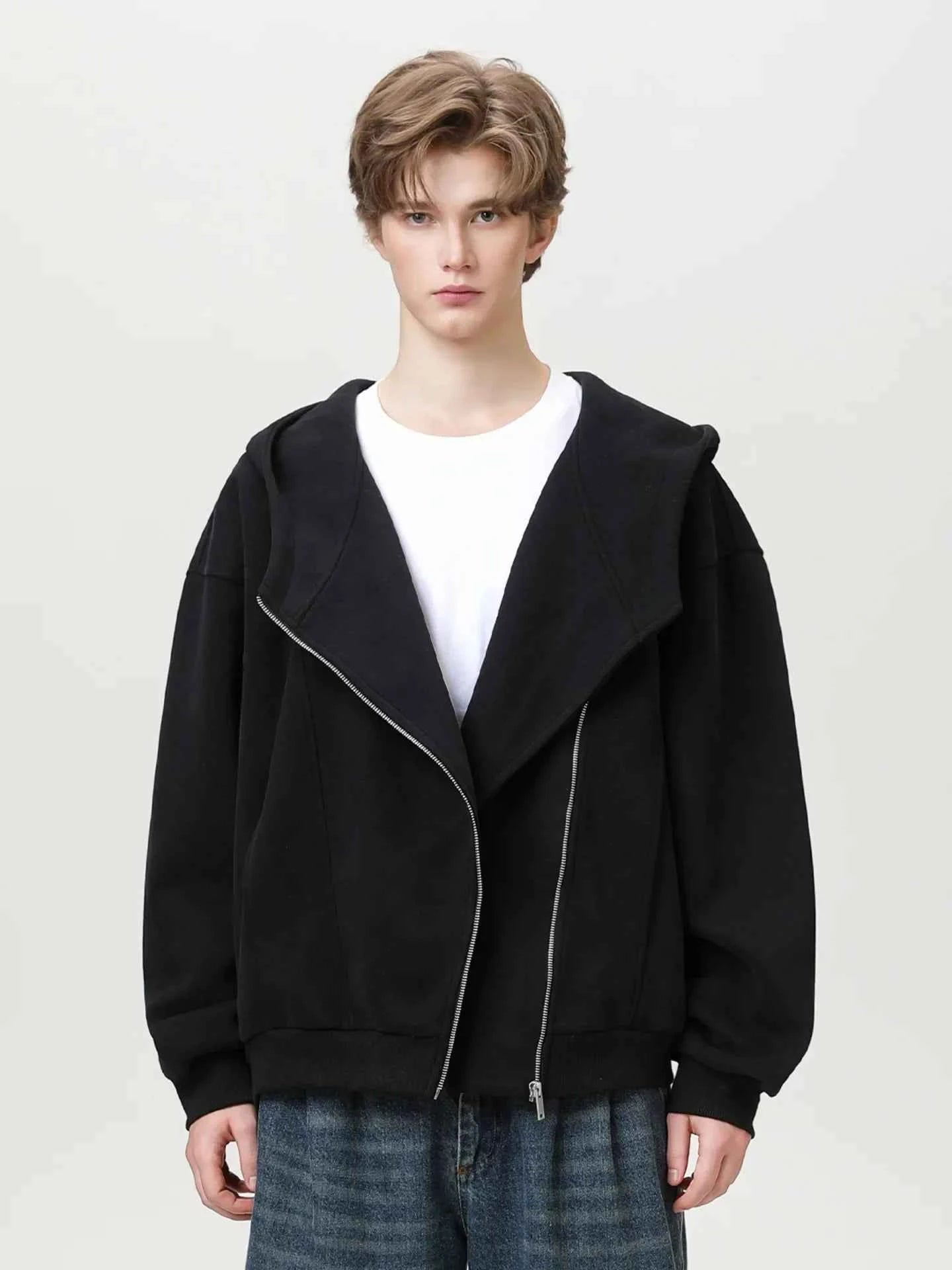 Textured Slant Zipper Hooded Sweatshirt