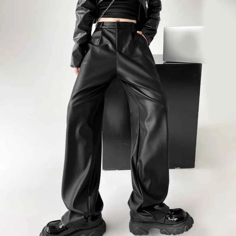 Retro Black Wide Leg Leather Pants