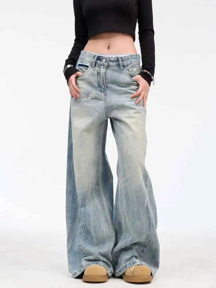 Blue Splicing Straight Leg Oversized Jeans