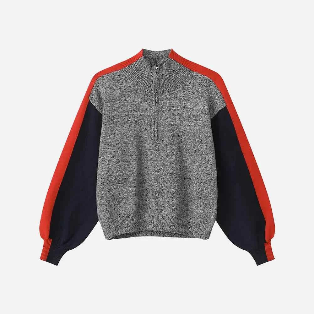 Chic Contrasting Stand Collar Knitted Half Zip Sweater