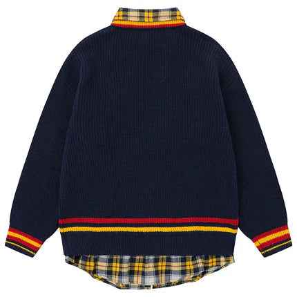 Oversized Varsity Patchwork Double Layers Knit Sweater