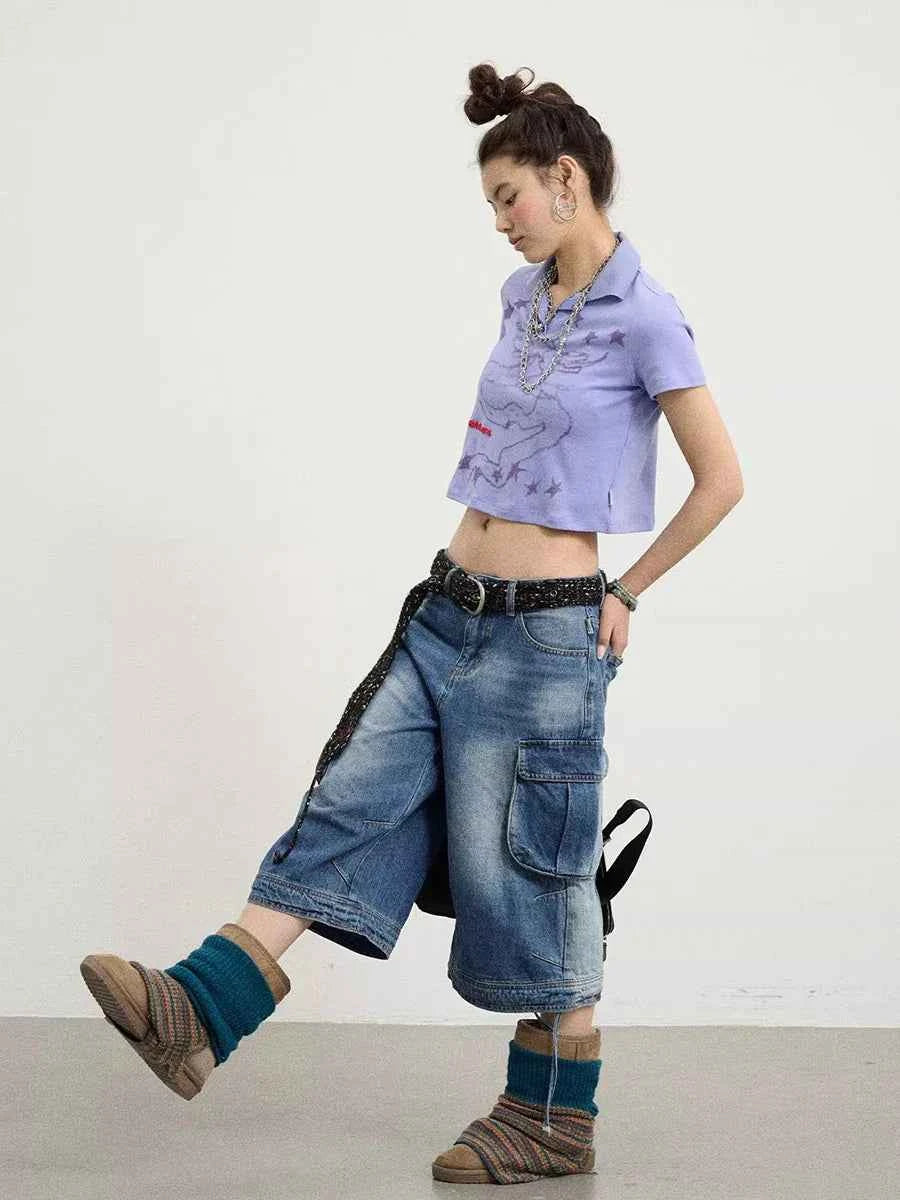 Vintage Cozy Drawstring Cargo Denim Jorts