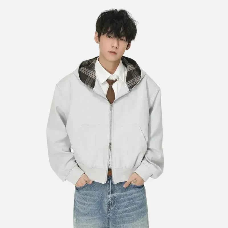 Chic Plaid Colorblock Double Zipper Hooded Sweatshirt