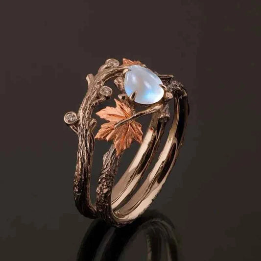 Elegant Gold Moonstone Maple Leaf Ring