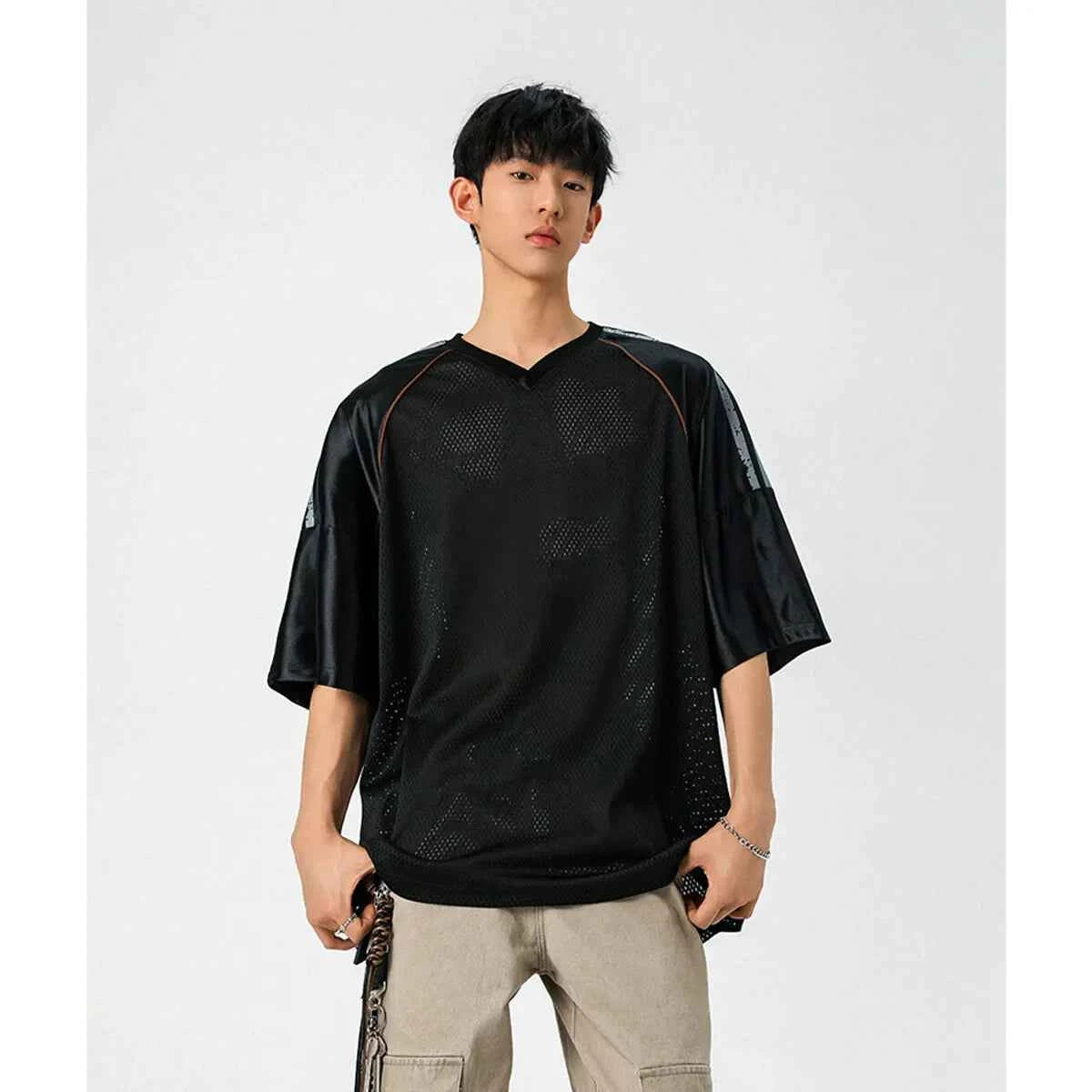 Casual Japanes Style Breathable Mesh V-Neck T-Shirt