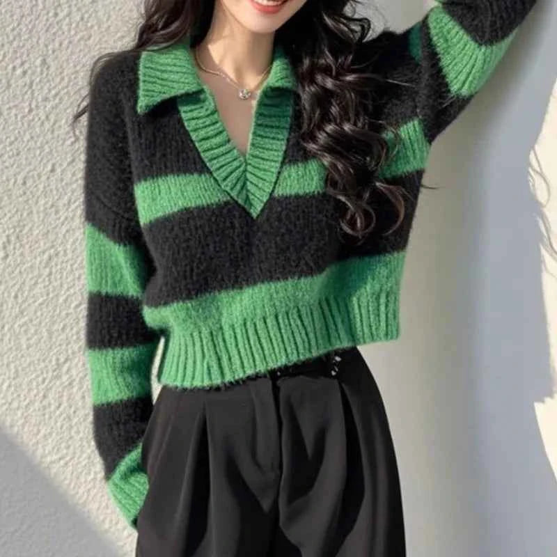 Vintage Green Striped Knitted Long Sleeve Sweater