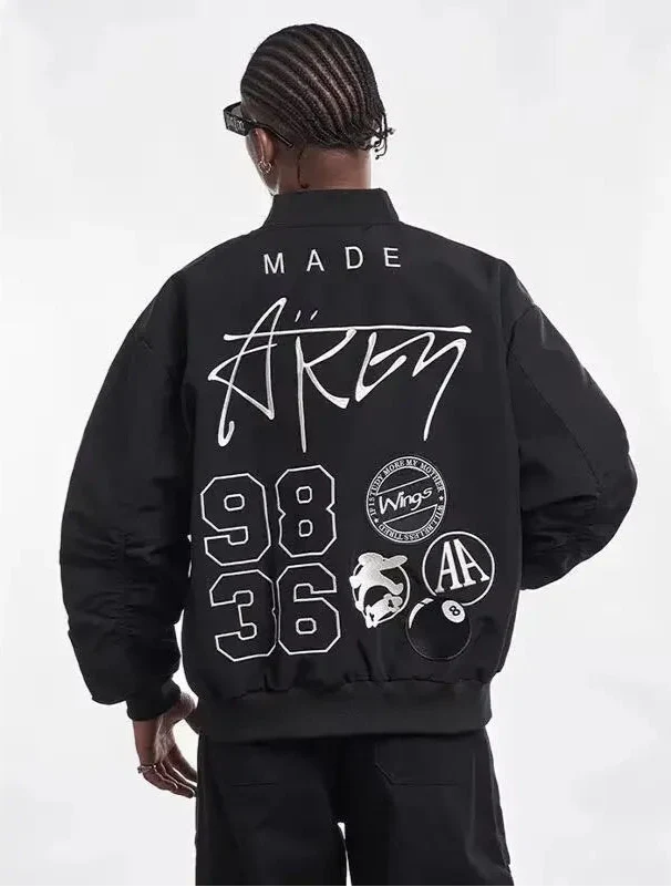 Men Black Hip Hop Vintage Embroidered Pilot Jacket - Luxuryurbanwear