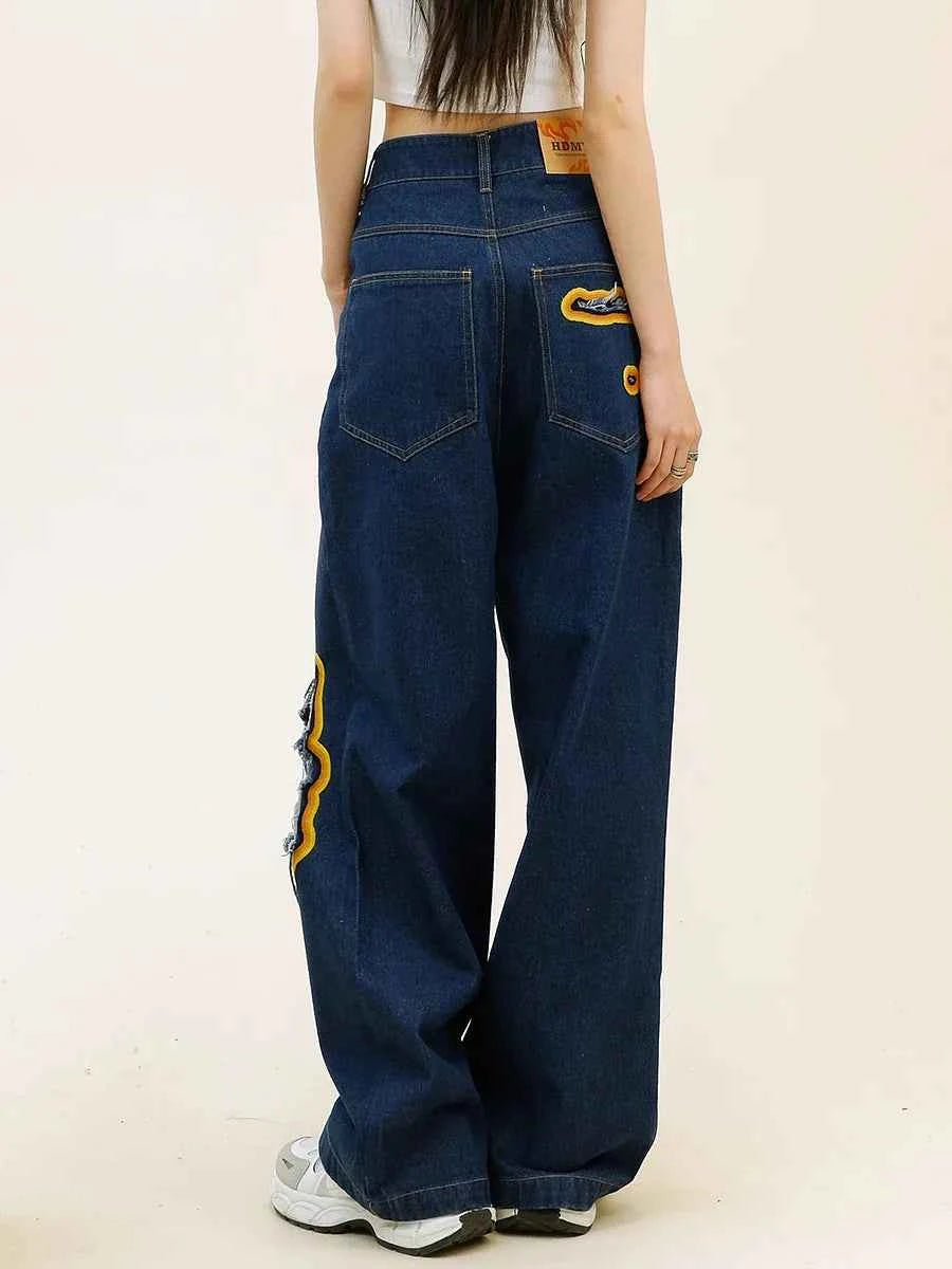 Womens Retro Flame Loose Ripped Jeans