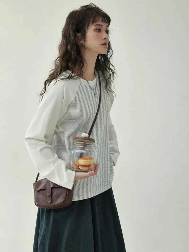 Y2K Japanese Style Patchwork Striped Loose Sweatshirt