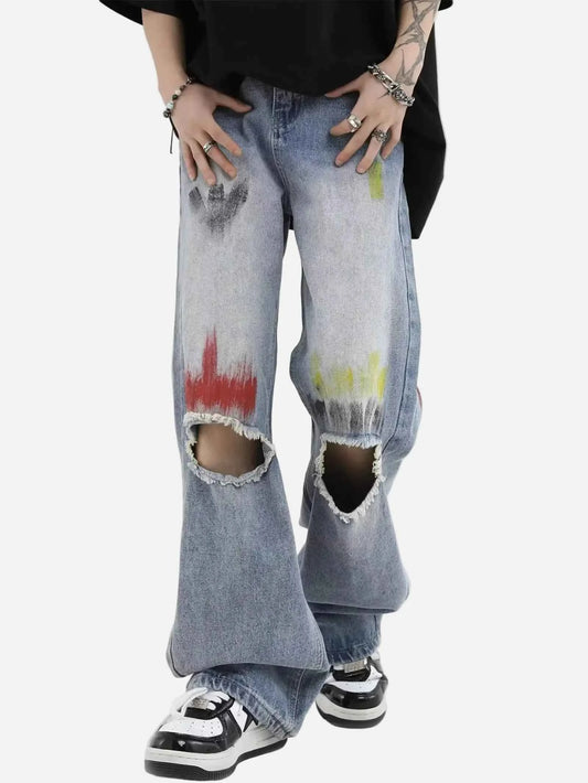 Trendy Blue Washed Ripped Straight Leg Jeans