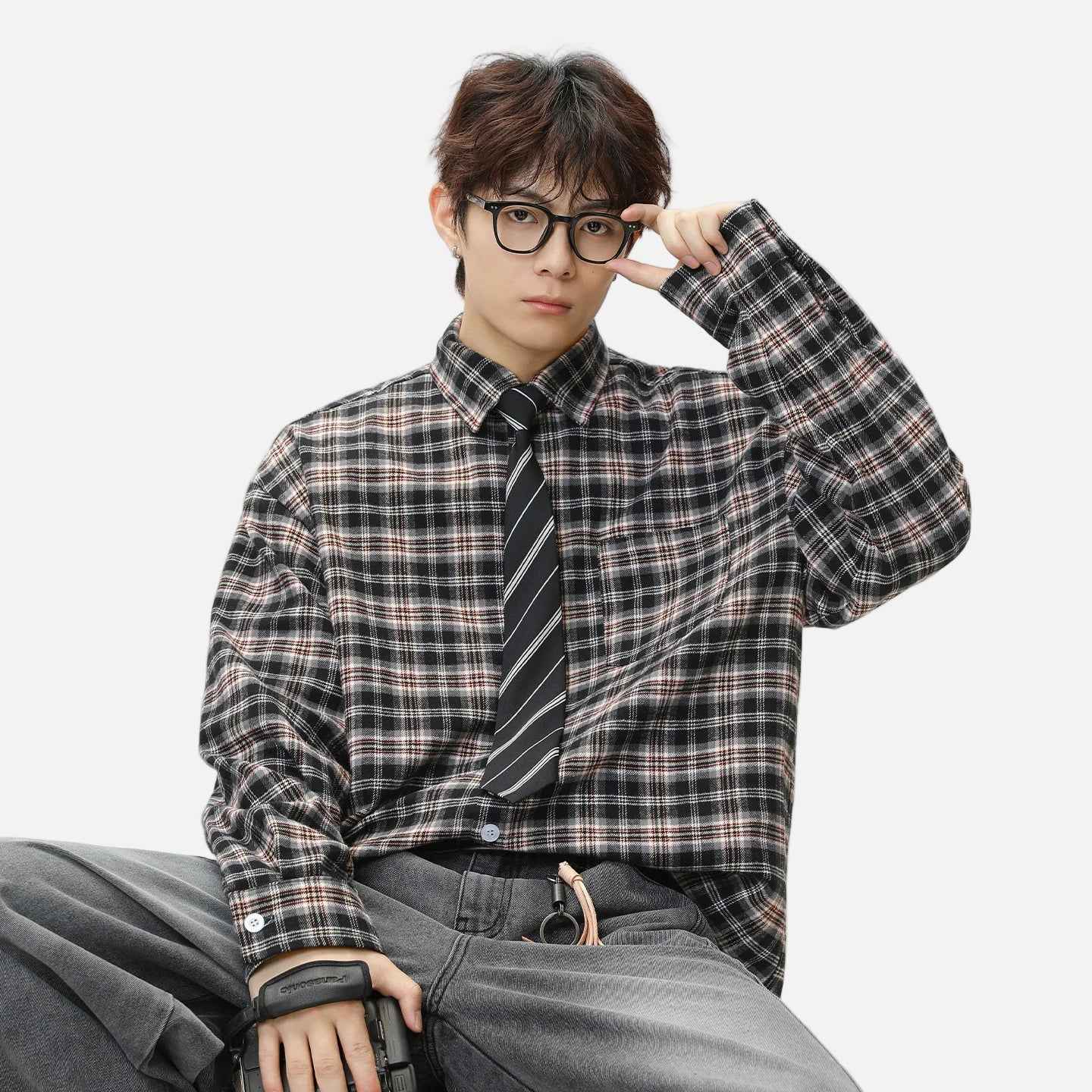 Retro Y2K Plaid Color Block Long Sleeve Shirt