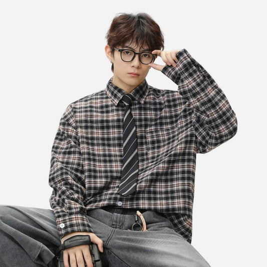 Retro Y2K Plaid Color Block Long Sleeve Shirt
