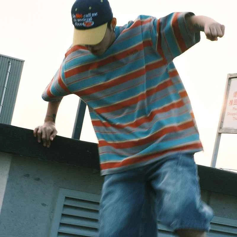 Men Casual Retro Vintage Striped Hip Hop T-Shirt