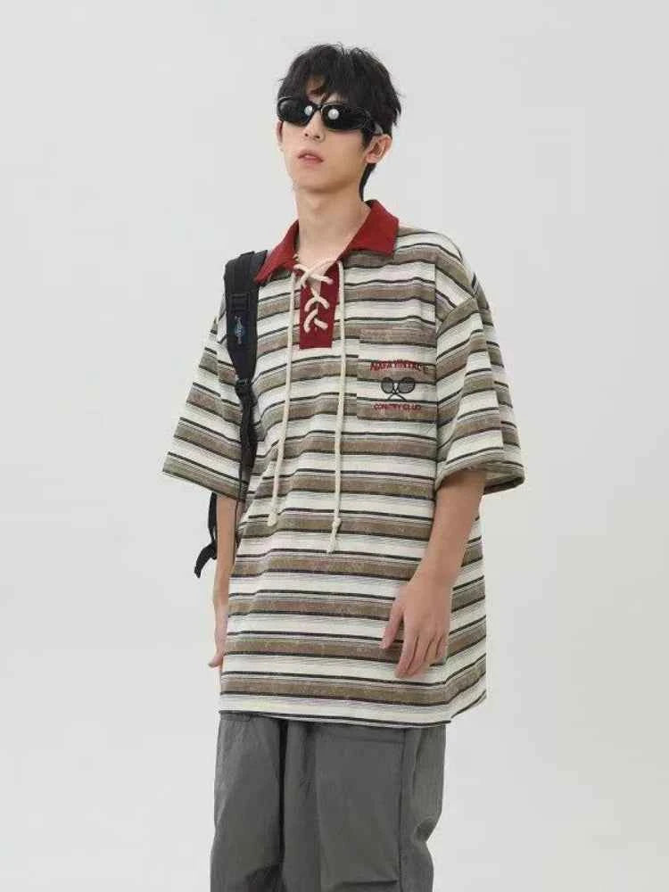 Vintage Striped Patchwork Lace-Up Polo T-Shirt