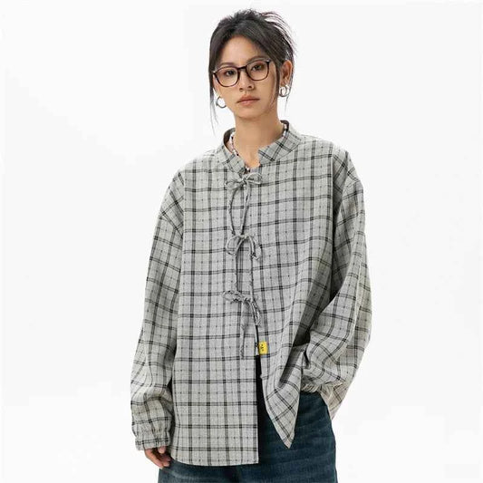Elegant Gray Cool Plaid Blouse Long Shirt