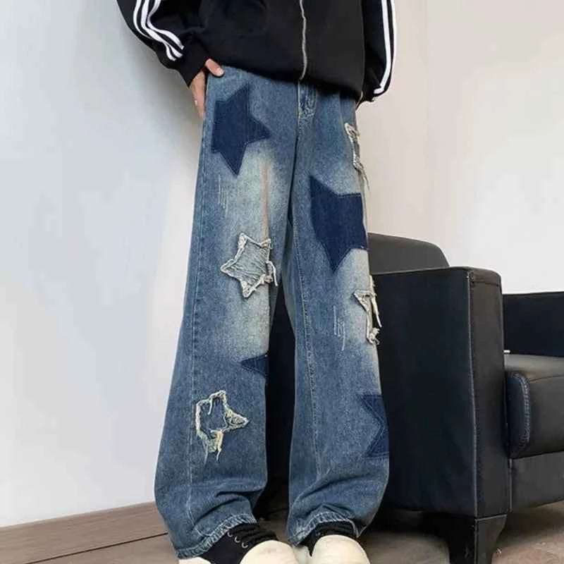 Embroidered Star Patchwork Wide Leg Jeans