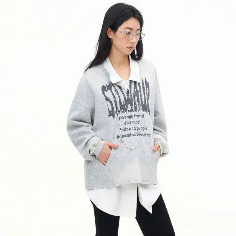 Y2K Retro Gray Letter Print Long Sleeve Shirt