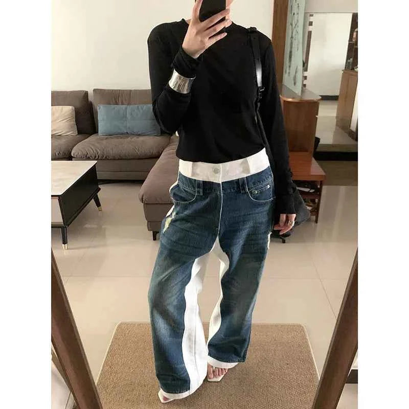 Durable Y2K Blue Patchwork Cool Hip Hop Jeans