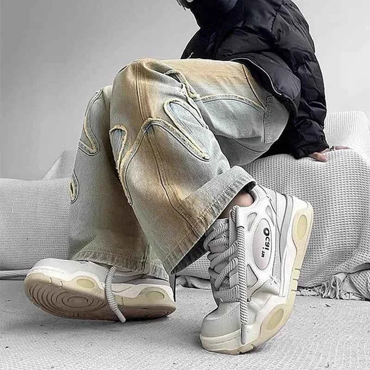 Streetwear Washed Blue Baggy Stack Jeans