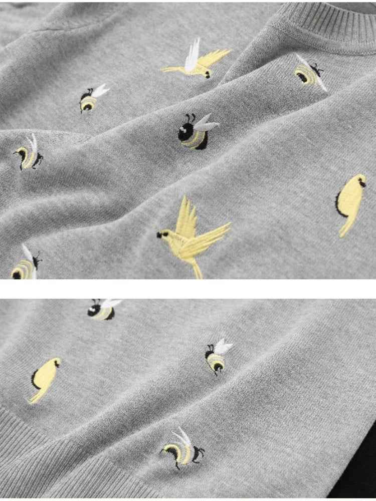 Bird Embroidery Round Neck Casual T-Shirt