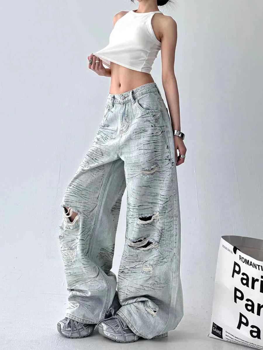 High Waist Spliced Hollow Out Jeans