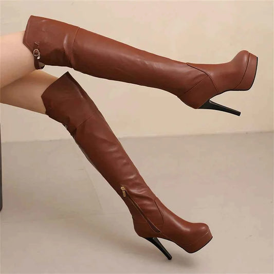 Embroidered Harness Stiletto Over Knee Leather Boots
