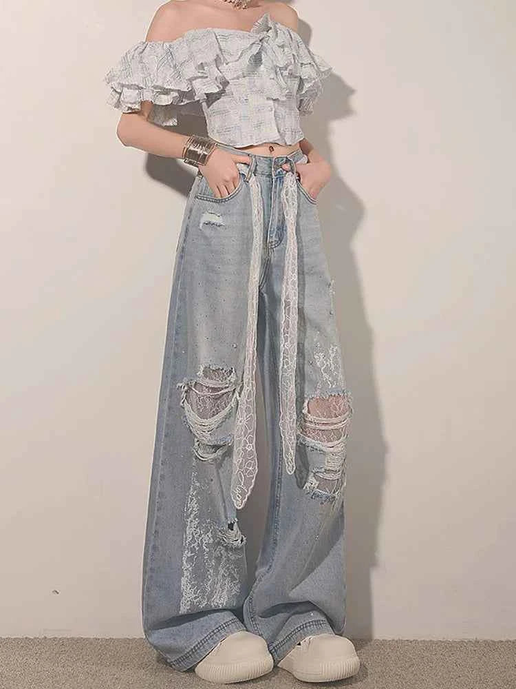 Women High Waist Ripped Lace Patchwork Jeans
