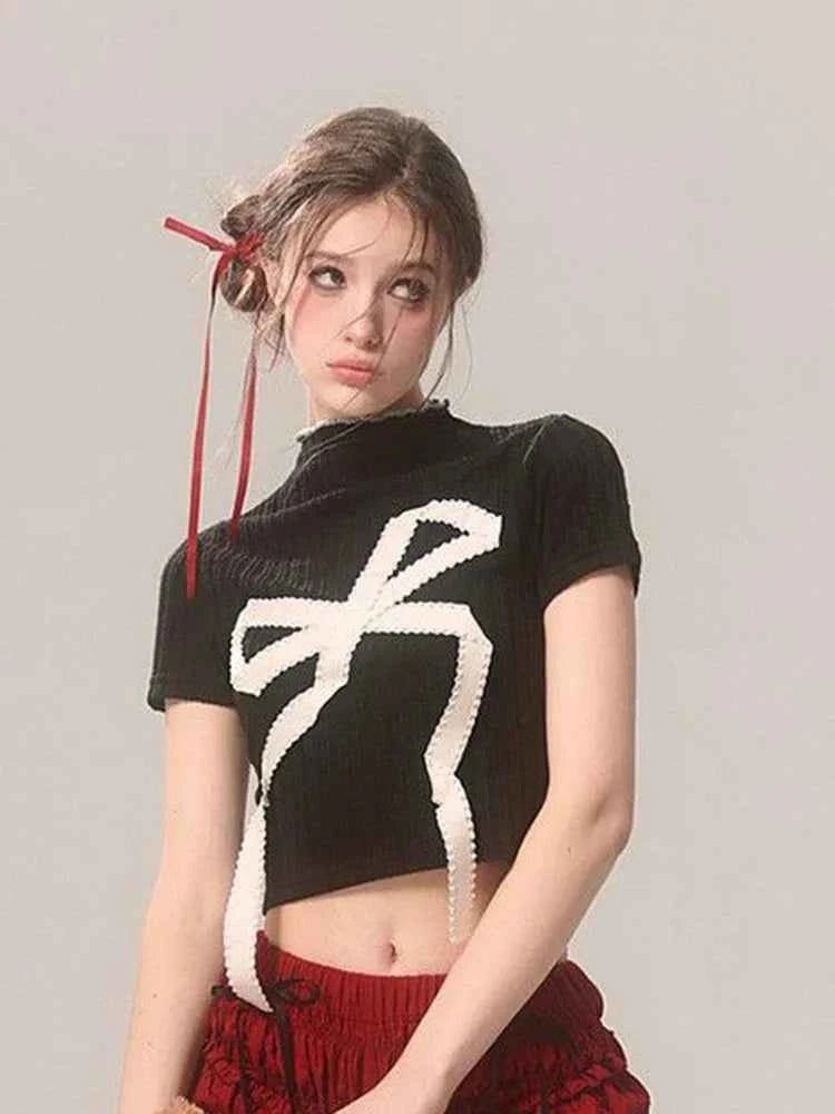 Women Retro Vintage Gothic Bow Print Crop T-Shirt