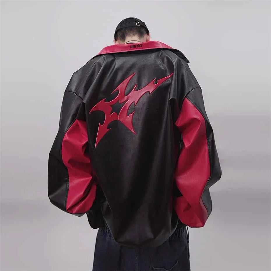 Vintage Print PU Leather Varsity Jacket