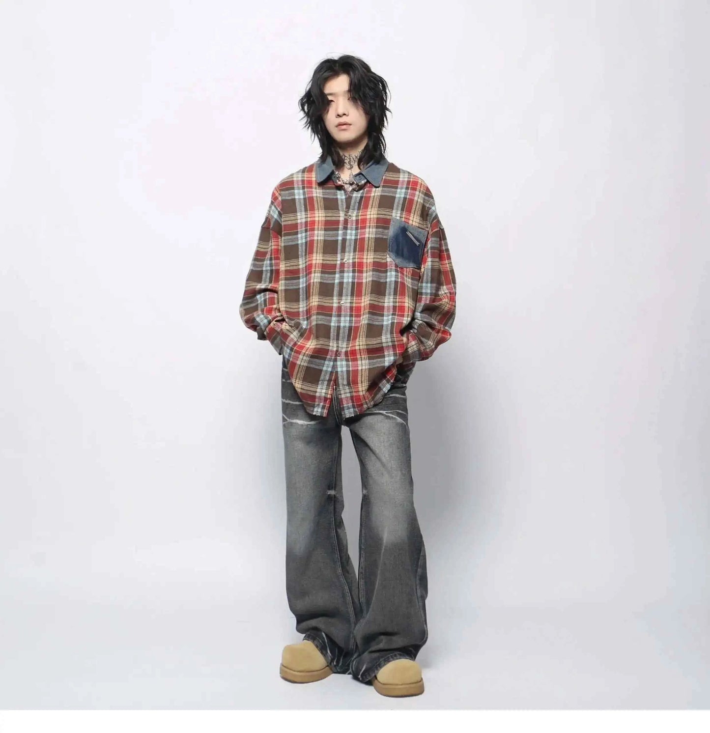 Fashionable Vintage Plaid Frayed Edge Long Sleeve Shirt