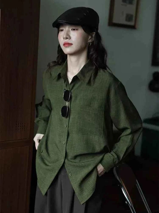 Women Casual Elegant Green Korean Style Chic Long Shirt