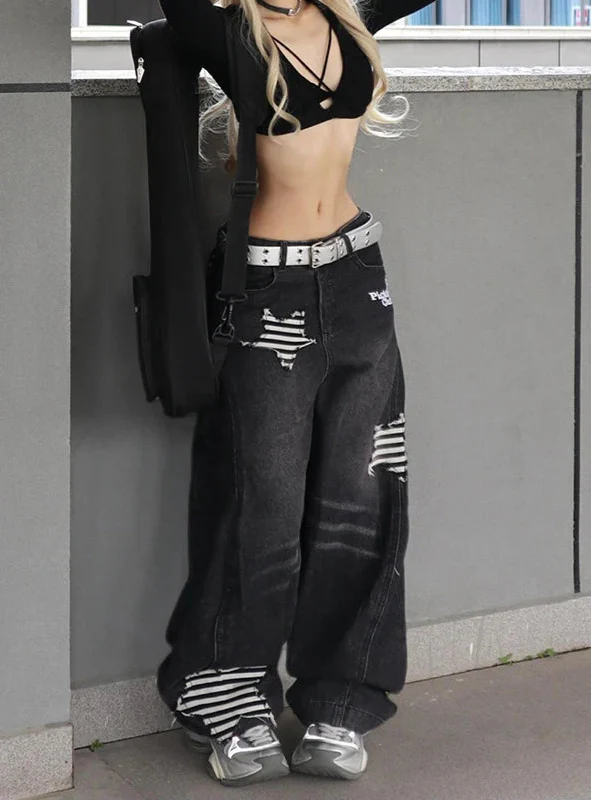 Flattering Y2K Japanese Star Embroidered Denim Jeans - Luxuryurbanwear