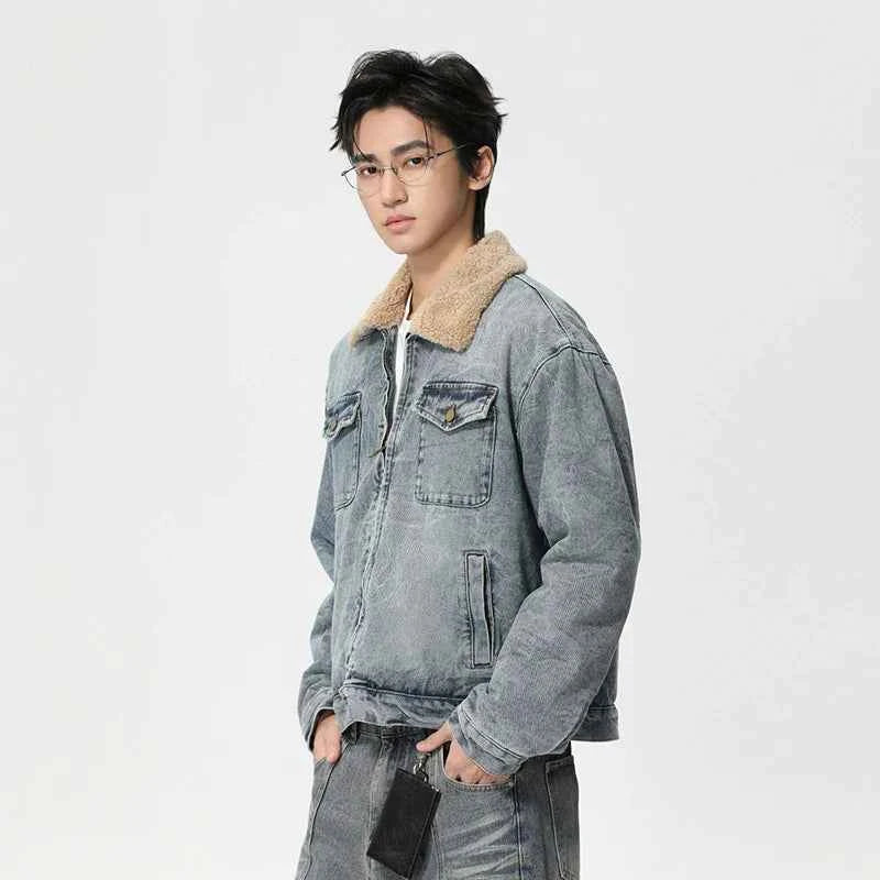 Streetwear Turn Down Fur Collar Washed Denim Jacket