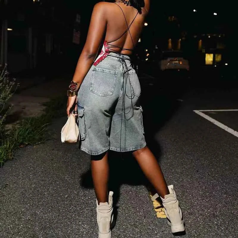 American Style Washed Cargo Denim Shorts