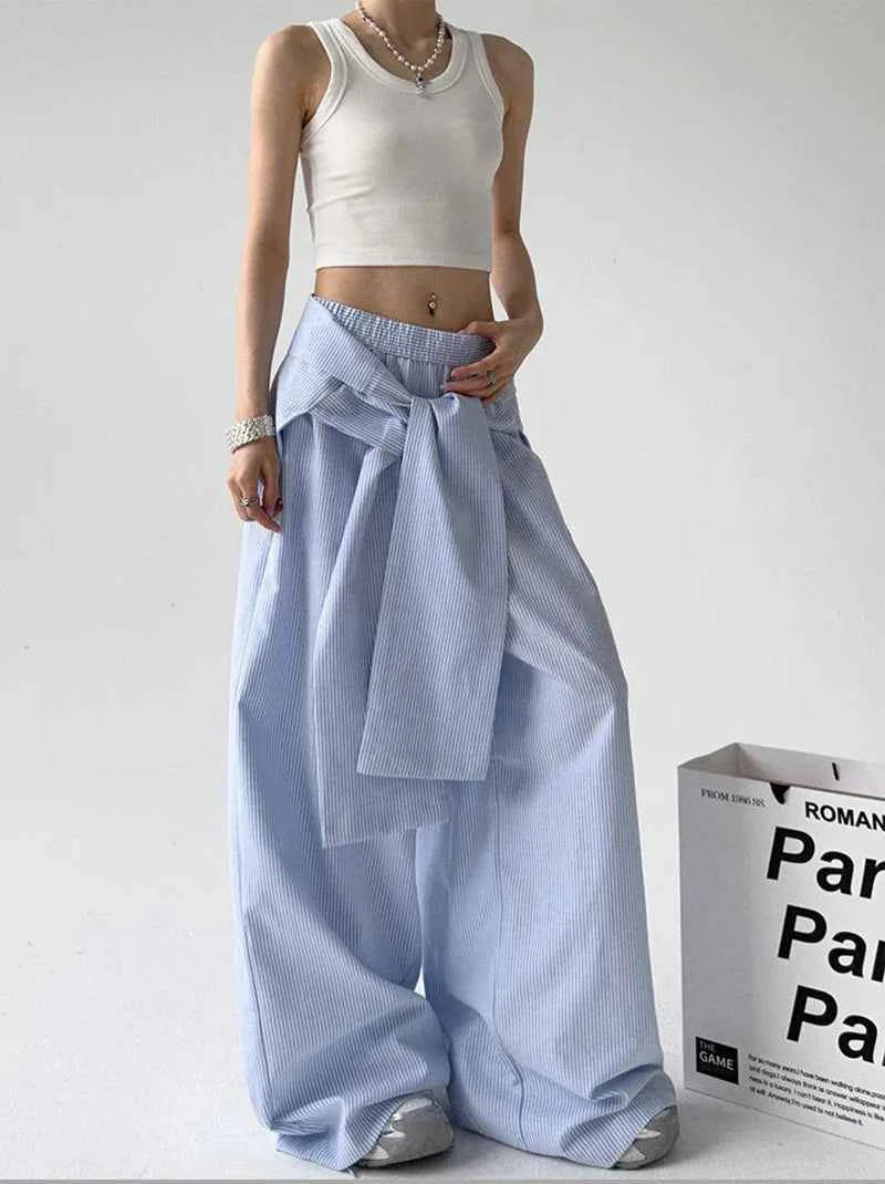 Women Vintage Korean Striped Lace-Up Pants
