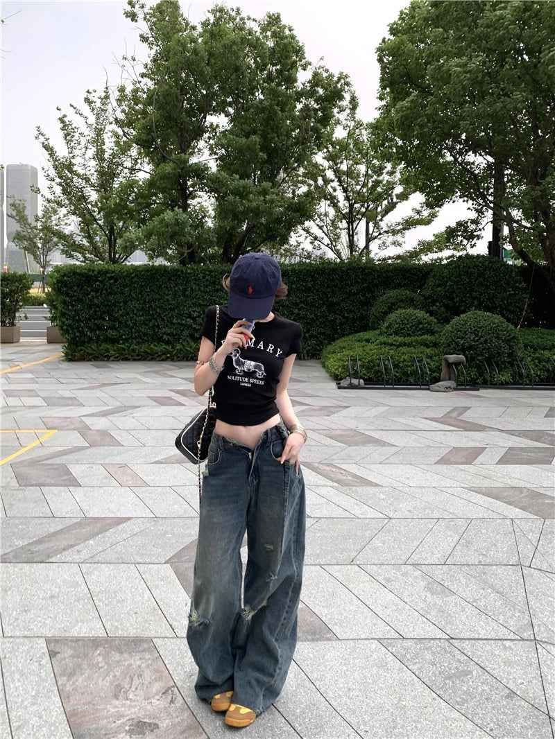 Retro Streetwear Washed High Waist Ripped Jeans