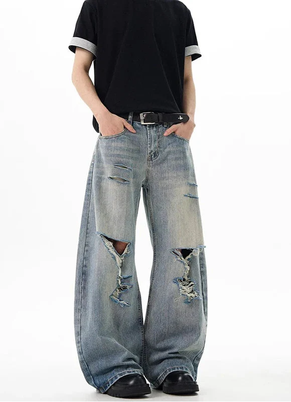 Vintage Blue Ripped Wide Leg Jeans - Luxuryurbanwear