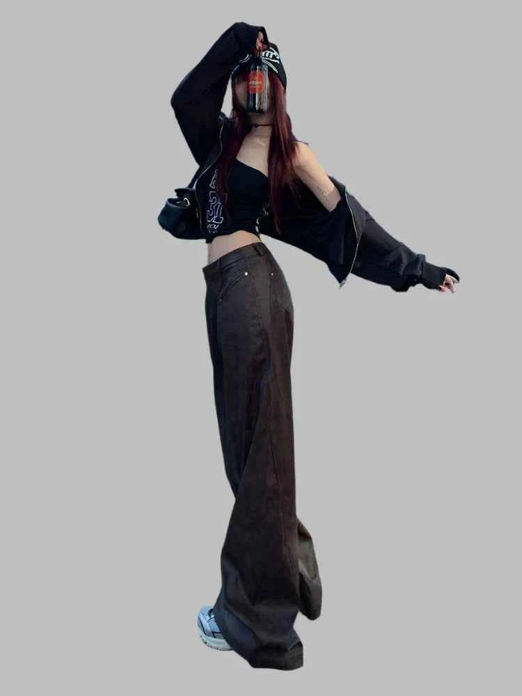 Distressed Brown PU Leather Wide Leg Pants