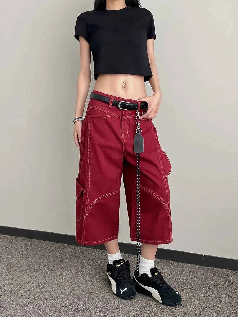 Retro Hip Hop High Waist Patchwork Cargo Jorts