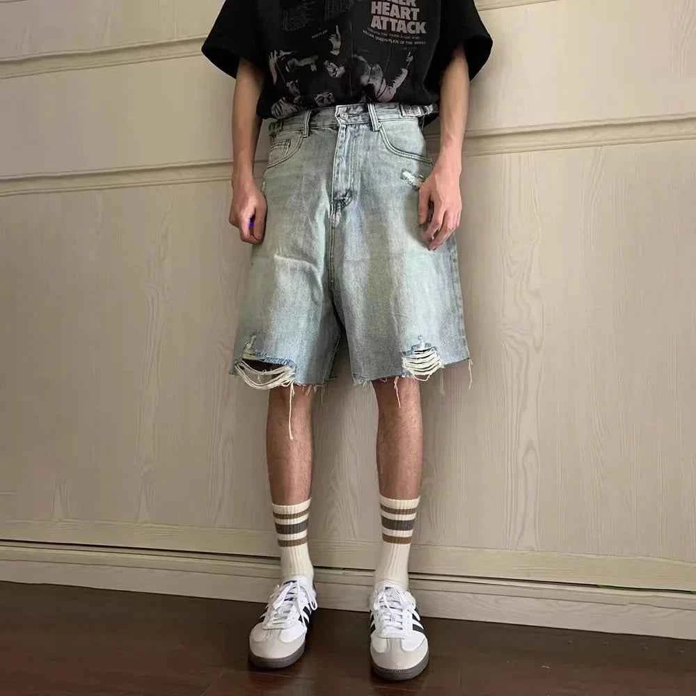 Retro Washed Solid Color Ripped Denim Short