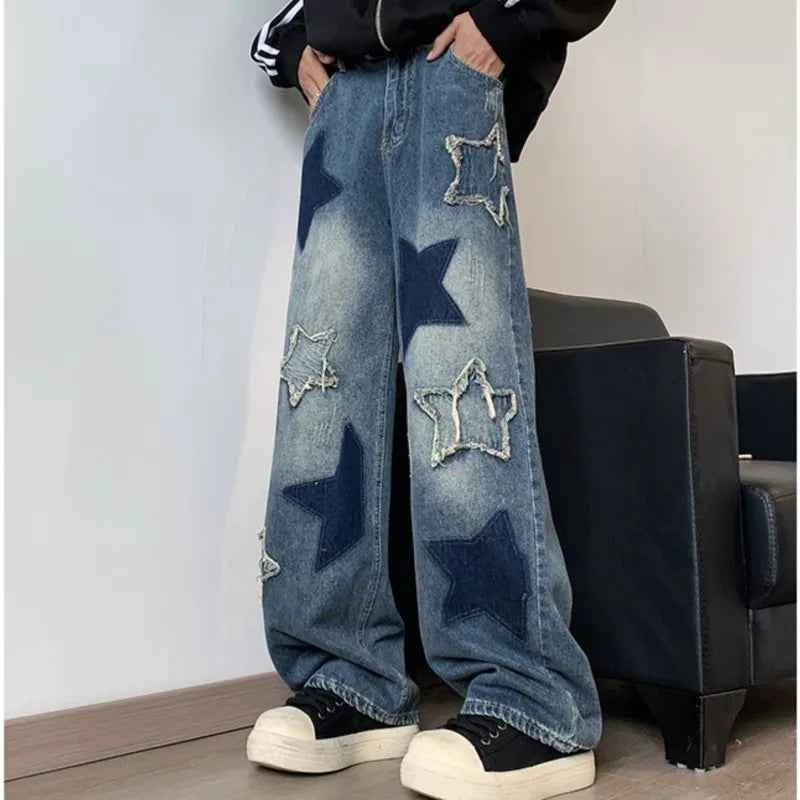 Embroidered Star Patchwork Wide Leg Jeans