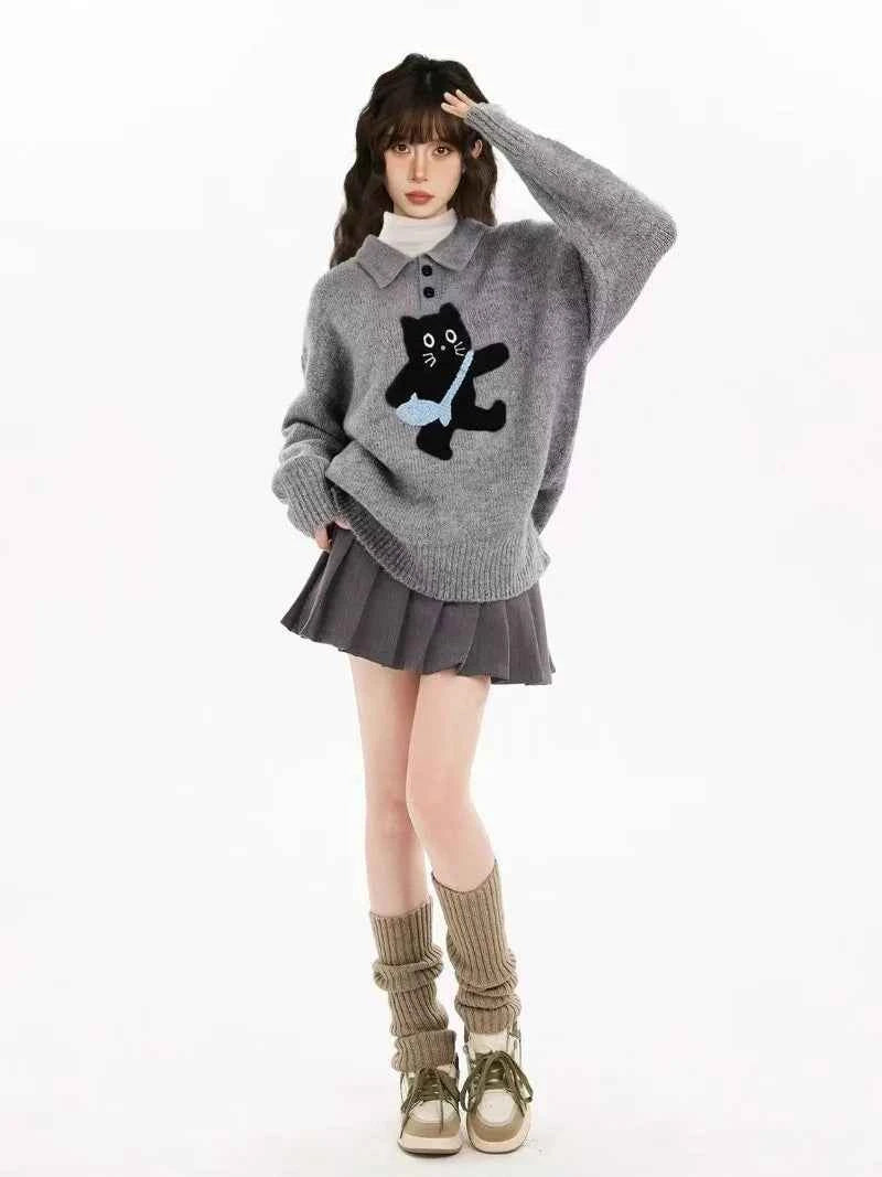 Winter Y2K Cozy Gray Cat Knit Sweater