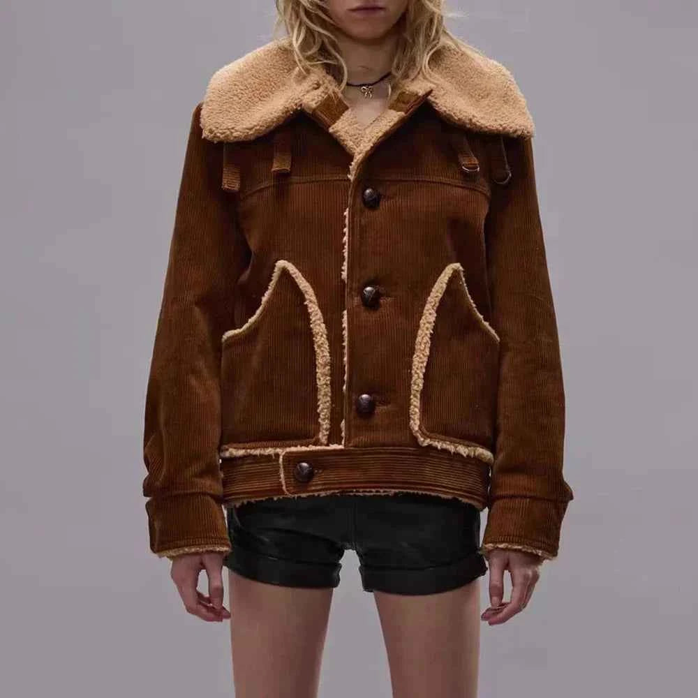 Women Solid Spliced Button Fur Jacket